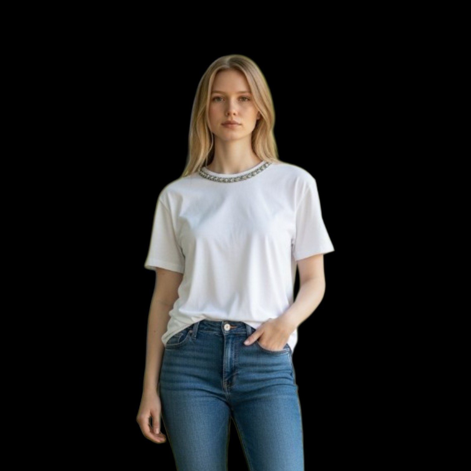 Stone Work Cotton White TShirt for Girls M Size