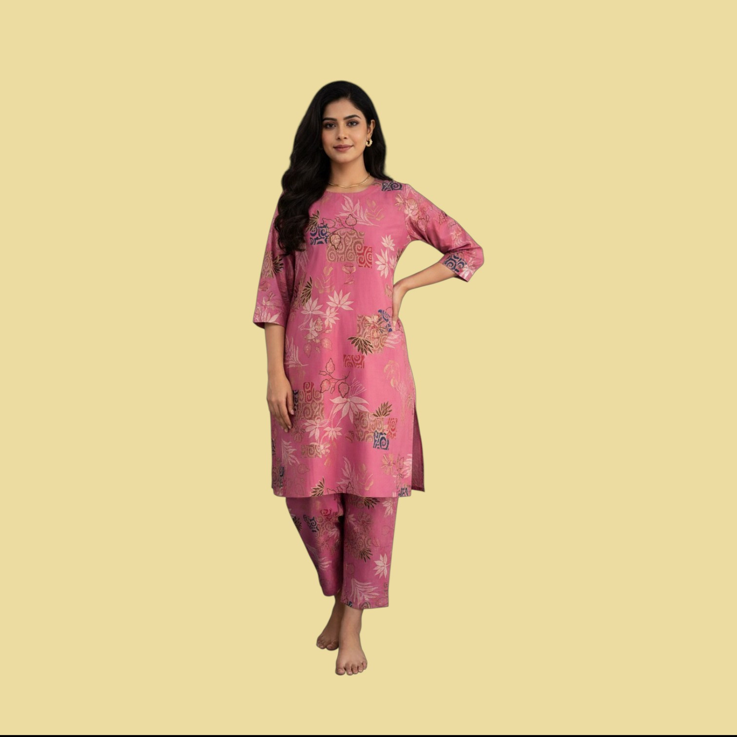 Floral Printed Cotton Straight Co-ord Set For Women  XL size.