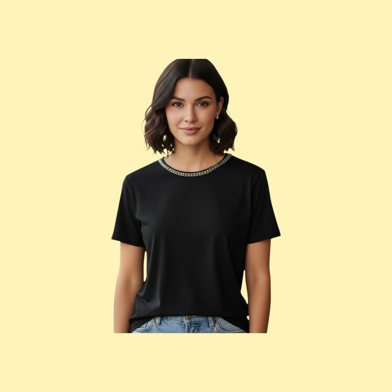 Stone Work Cotton Black TShirt for Girls M Size