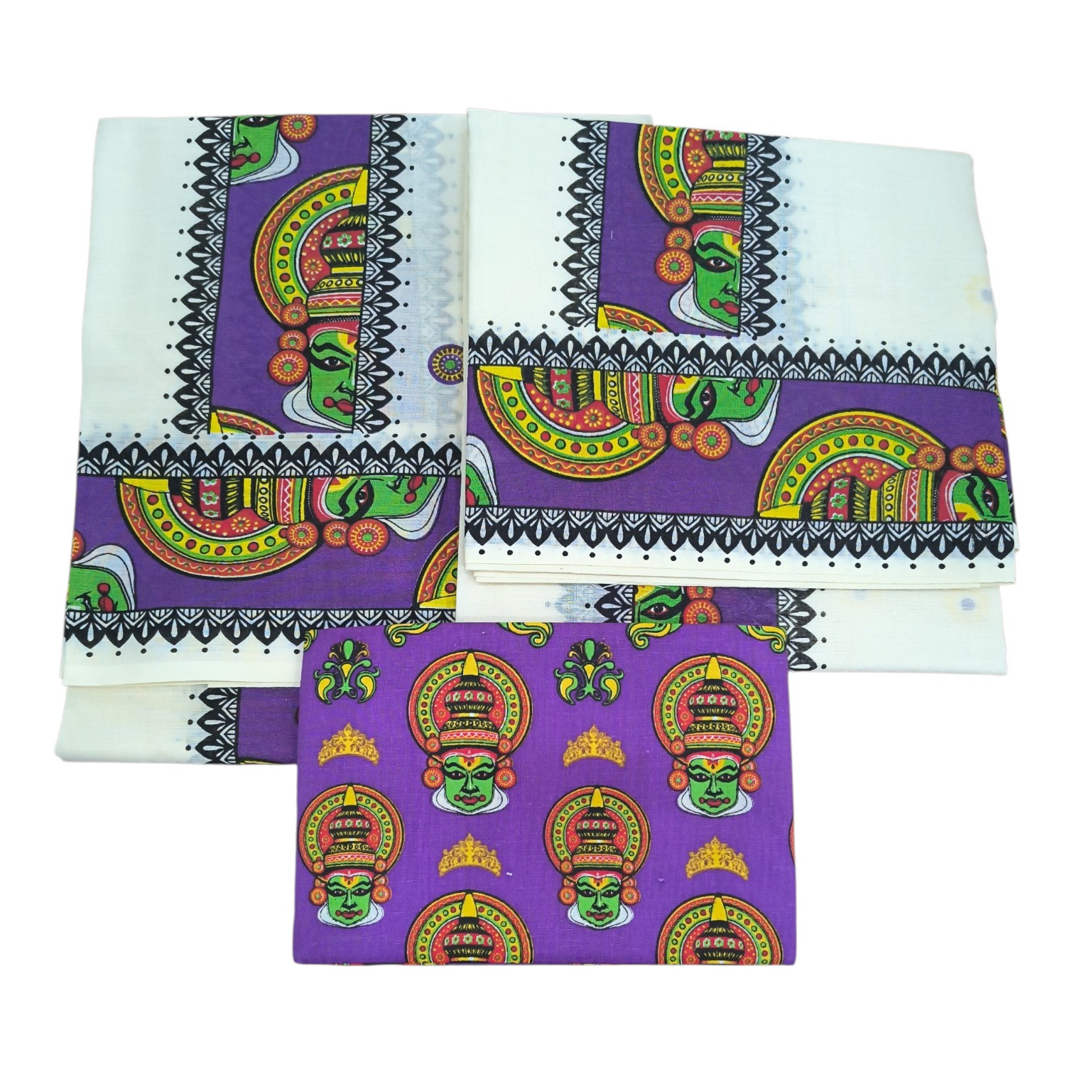 Womens  Kerala Onam traditional Mural  Printed kathakali Set Mundu  With Printed Blouse/Cotton Set Mundu
